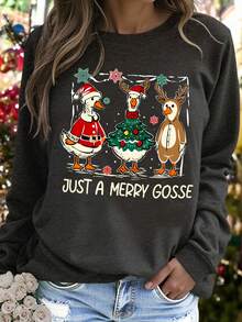 Damen Süßer Weihnachts-Grafik Gans Sweatshirt Langarm Rundhals Pullover Warm Gefüttert Regular Fit Oberteil - Dunkelgrau - Übersicht 1