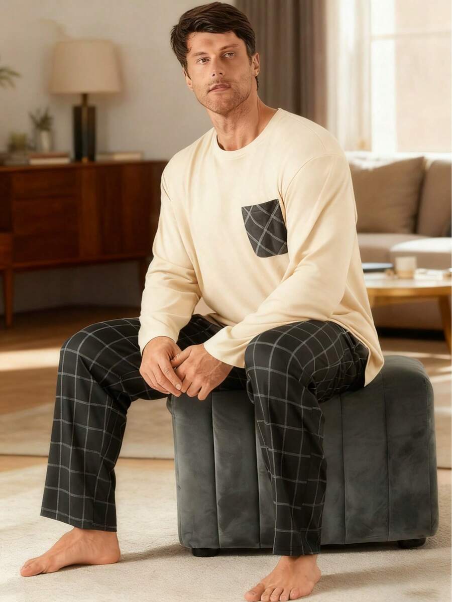 2 件男士加大码休闲宽松简约套头衫，带口袋和格子休闲裤套装，适合春季、秋季、冬季、情人节礼物 - 彩色 - 查看 1