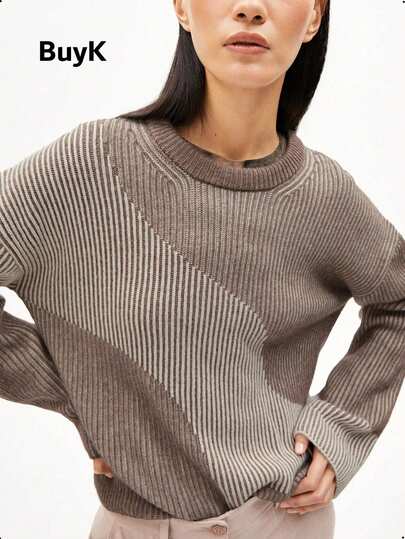 BuyK [Tops]BuyK Women's Color-Block Round Neck Sweater Loose-Fitting Knit Top With Drop Shoulder Versatile For Casual & Workwear Versatile Layering Piece For Fall Cozy & Breathable Knit Fabric