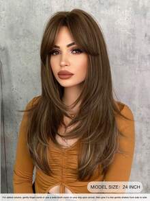 7JHH WIGS Elegant 24 Inch Honey Brown Wig For Women, Modest Fashion Long Layered Wig With Curtain Bangs Highlight Blonde Hair, Natural Looking Heat-Resistant Fiber Full Machine Synthetic Wigs For Daily Wear, Music Festival Party Use Mother's Day Gift - Multicolor - View 5