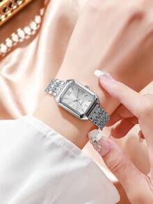 1pc Women's Casual Chic Square Dial Quartz Wrist Watch With Steel Band, Fashion Vibe (Watch Box Not Included)