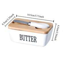 1 件陶瓷黄油盘套装，带竹盖和刀 - 密封硅胶黄油盒，适用于厨房台面和冰箱 - 烘焙和送礼的理想选择