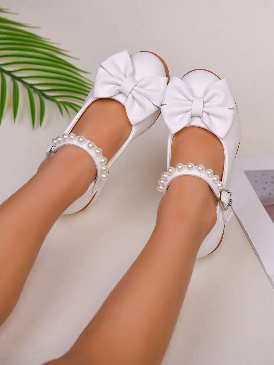 女童仿珍珠公主鞋，白色蝴蝶结中帮高跟鞋，适合派对、度假、晚礼服 - 白色 - 查看 1