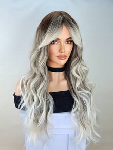 Gray Wigs For Women Long Ombre Brown Grey Curly Wig With Air Bangs Dark Roots Heat Resistant Synthetic Wig For Daily Use - Gray Ombre - View 5