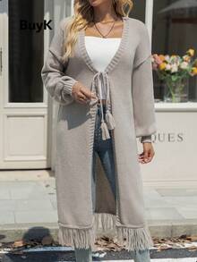 BuyK [Top]Vintage Bohemian Style Knitted Long Cardigan, Loose Drop Shoulder, Front Tie Closure, Reversible, Tassel Hem, Neutral Gray-Brown Fall - Grey - View 1
