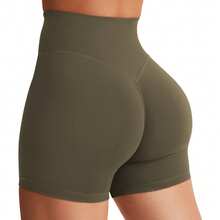 YEOREO Women's Biker Shorts 4.5" Workout Gym Shorts Craze High Waist Tummy Control Hidden Scrunch Running Yoga Shorts - 橄欖綠 - 查看 8
