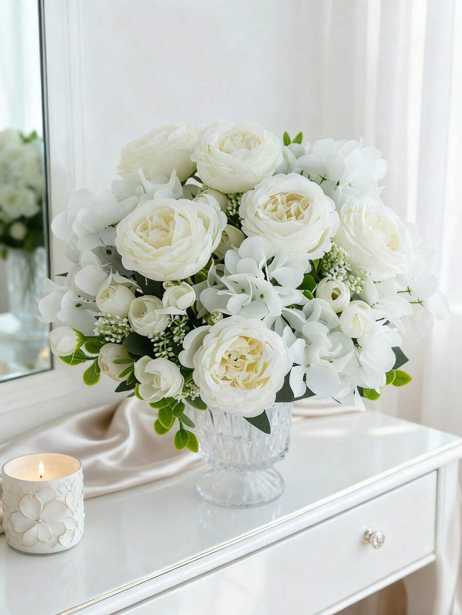 1/80支人造塑料玫瑰牡丹花束，仿真绣球花摆件，母亲节礼物，生日派对装饰，婚礼新娘捧花，客厅、卧室、花瓶家居装饰，新年、花园、返校季礼物 - 白色 - 查看 1