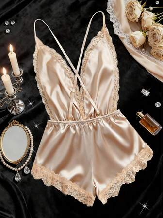 情人节礼物新款纯色女士性感内衣套装深V领交叉可调节肩带露背连体裤束腰蕾丝拼接家居紧身衣