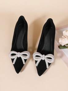 1 Pair New Fashion Pearl Shiny Bow Decor Shoe Clips, Removable Shoe Accessories Suitable For Women High Heels, Sandals - Apricot - View 2