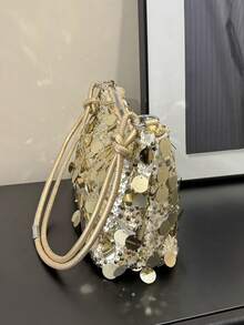 1pc Shiny Gold Crescent Moon Shaped PE PVC Shoulder Bag, Women's Party Clutch - Gold - View 7