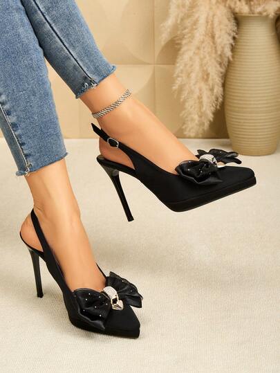 SVRM Women's High Heel Pointed Toe Satin Wedge Shoes With Bow Decor, Rhinestone Embellishment, Elastic Strap, Sexy Party Pumps