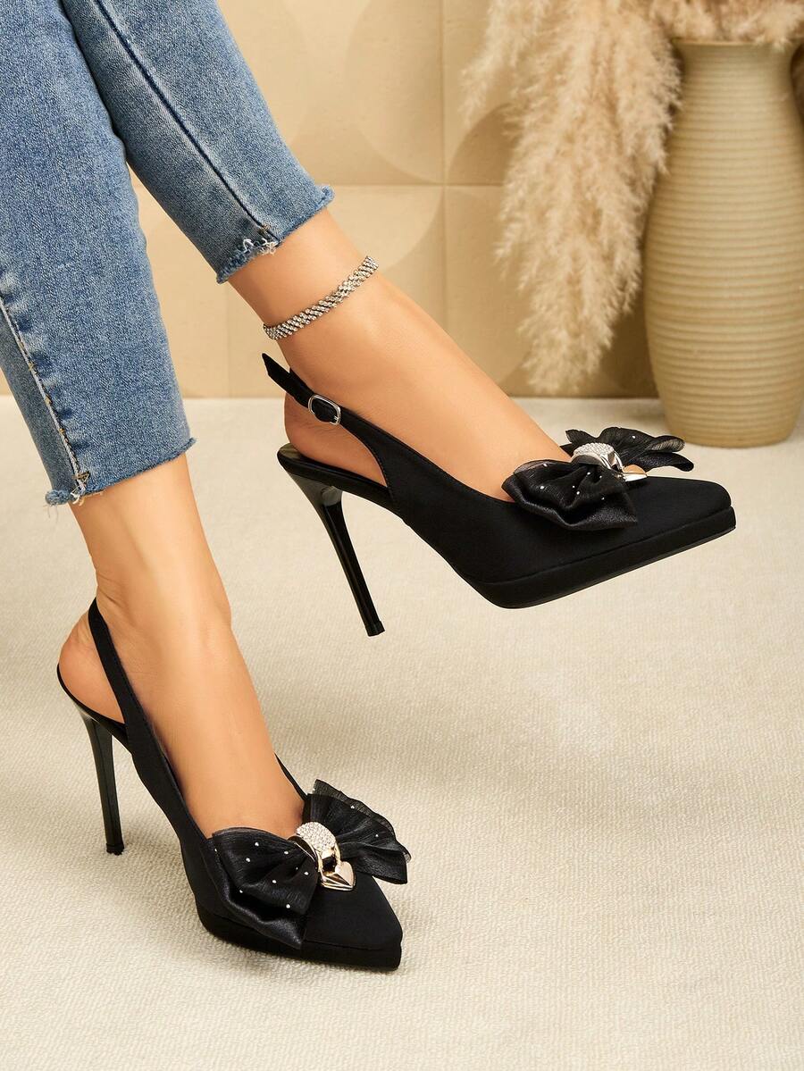SVRM Women's High Heel Pointed Toe Satin Wedge Shoes With Bow Decor, Rhinestone Embellishment, Elastic Strap, Sexy Party Pumps - Black - View 1