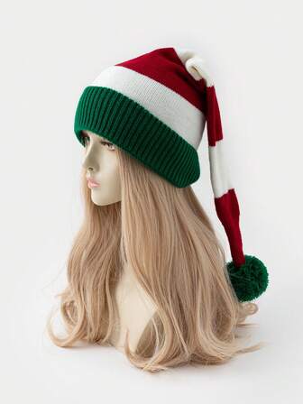 1pc Women's Fashion New Striped Extra Long Christmas Vibe Pom Pom Knit Hat, Suitable For Christmas, Daily Warmth, And Outfits