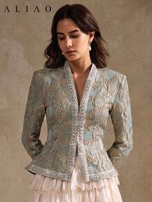 A&A Romantic 3D Jacquard Embossed White Pearl Decorated Collar Cinching Waist Long-Sleeved Coat, Court Style, Elegant, Suitable For Commuting, Vacation, Romantic And Wedding Season, Fall & Winter Outfit - Green - View 7