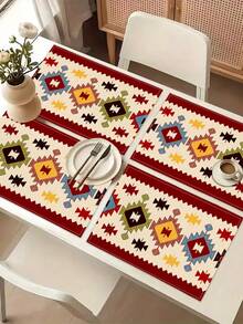 1pc Geometric Pattern Table Runner, 4pcs Geometric Pattern Placemats, Suitable For Holidays, Parties, Birthdays, Dinners, Kitchen & Dining Room Table Decor, All Season Home & Living Room Decor - Multicolor - View 10