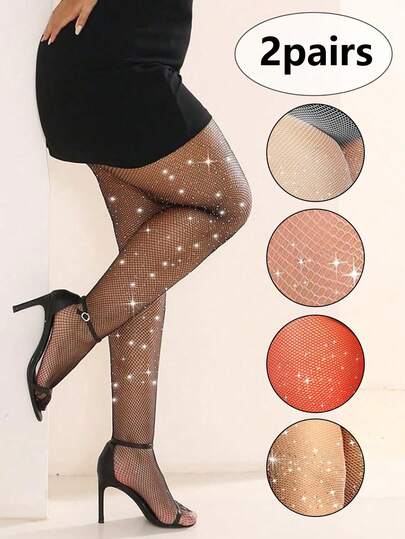2双装女士闪亮水钻渔网袜 - 展现自信，弹力舒适 - 音乐会和派对必备