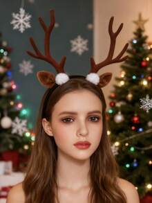 1 件女士加大码棕色毛绒驯鹿角和耳朵时尚头带，适用于圣诞派对表演、日常装饰道具万圣节 - 棕色 - 查看 5