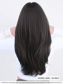 7JHH WIGS Peluca elegante de 24 pulgadas de color marrón oscuro negro para mujeres: peluca larga con capas y flequillo, de fibra sintética resistente al calor y de aspecto natural, ideal para uso diario, festivales de música y como regalo del Día de la Madre - Marrón oscuro - Ver 4