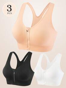 3-Piece Plus Size Autumn/Winter Sports Bra Set, Women's Front Zipper Pad Soft And Comfortable, Suitable For Running, Yoga, Gym Wear Women's Plus Size Underwear - Nhiều màu - Xem 1