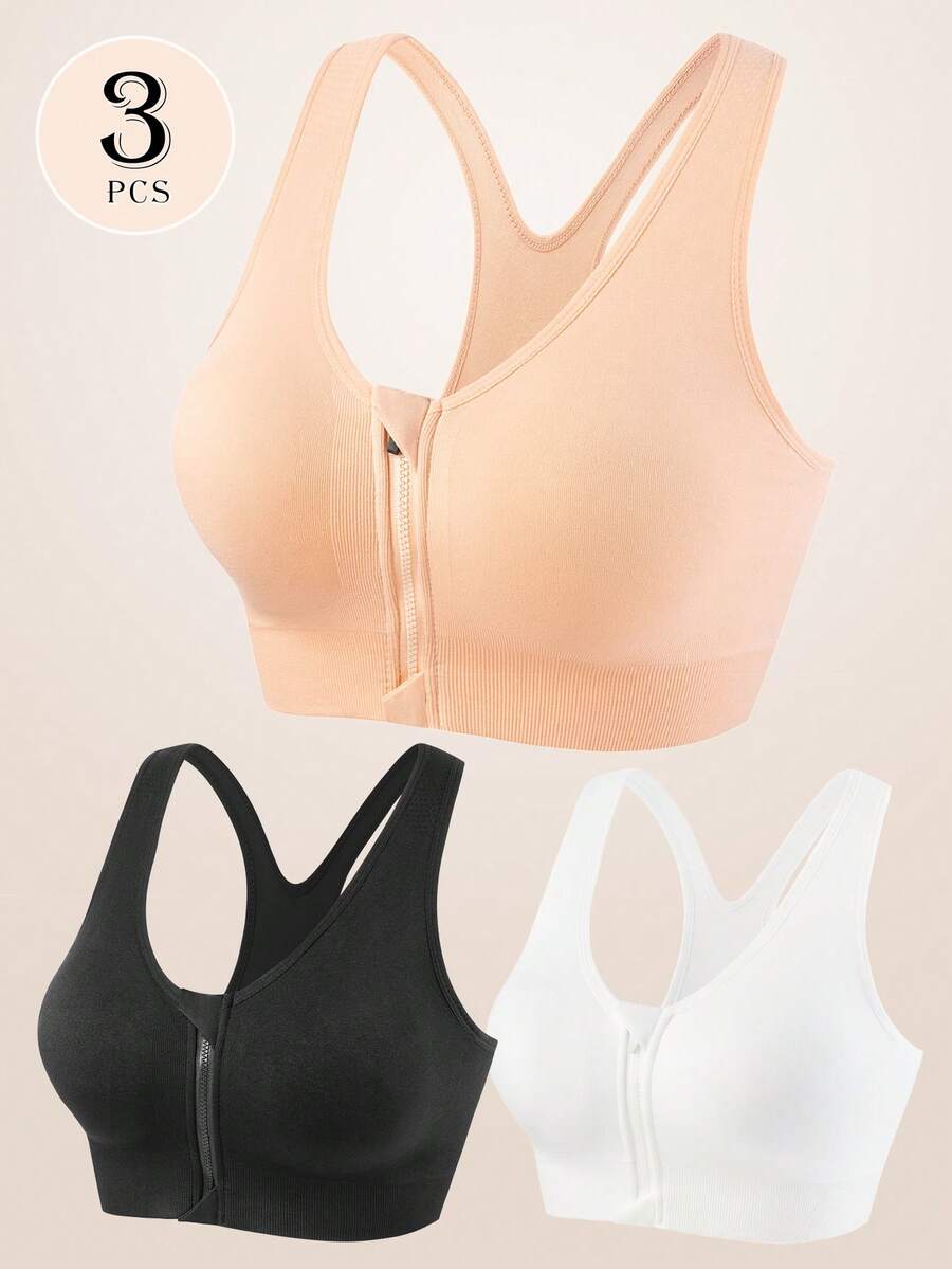 3-Piece Plus Size Autumn/Winter Sports Bra Set, Women's Front Zipper Pad Soft And Comfortable, Suitable For Running, Yoga, Gym Wear Women's Plus Size Underwear - Nhiều màu - Xem 1