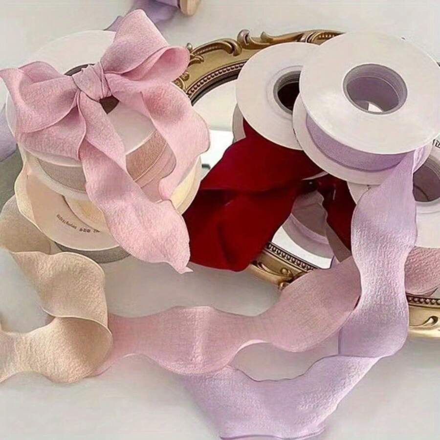 Pleated Fabric Ribbons, Elegant Soft Bowknot Decor Crafts Tie Bands, Handmade DIY Cake Flower Bouquet Floral Tulle Wavy Lace Trims
