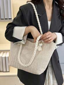 2025 New Country Style Multi-Purpose Women's Shoulder Bag, Casual Large Capacity Tote Bag, Woven Straw Bag, Beach Bag, Relaxed Vibe - Multicolor - View 5