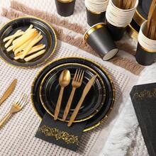 350 Pcs Black Party Dinnerware Set Disposable Paper Plates For 50 Guests 9in And 7in Dinner Dessert Plates Napkins Gold Rim Plastic Cups Knives Forks Spoons For Party Wedding Round Event Supplies With Elegant Gold Trim And -Friendly Materials - Black - View 5