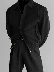 男士高品质加厚翻领羊毛混纺短款夹克，美式复古休闲时尚轻便防风外套，适合春、秋、冬季穿着。 - 黑色 - 查看 6