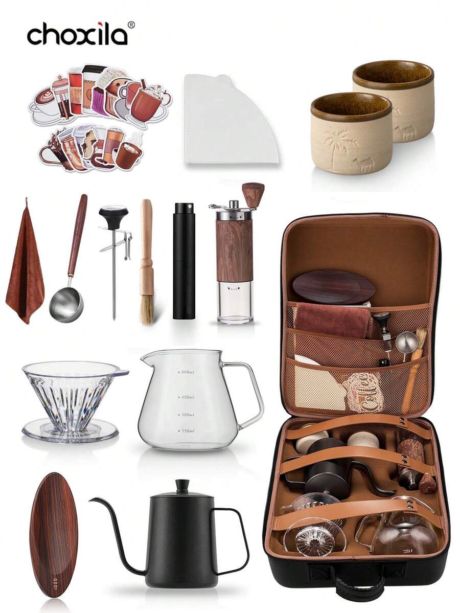 choxila 4/9/12/15pcs Travel Coffee Set, Portable Travel Coffee Set, Travel Coffee Utensil Set, Coffee Set With Storage Bag, Coffee Accessories, Manual Coffee Maker Set, Suitable For Home, Travel, Outdoor Activities, Camping - Coffee Pot Set - View 1
