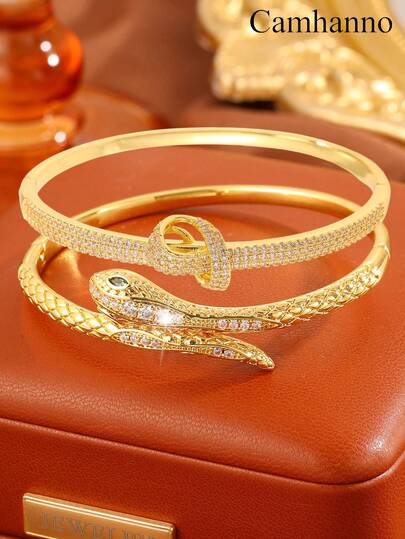 Camhanno 2pcs Golden Jewelry Set, Luxury Elegant Copper Bracelet, Knot & Snake-Inspired Design For Party Gatherings, Let You Shine With Unique Glamour At Every Party And A Fabulous Gift For Fashionistas
