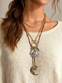 1pc Fashionable Versatile Alloy Coin Pendant Necklace, Geometric Multi-Layer Necklace For Women, Everyday Wear