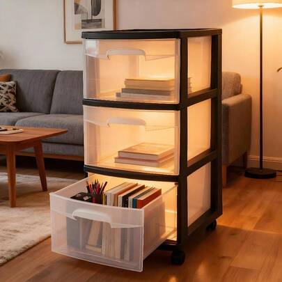 Black 3-Drawer Cart – Clear Plastic Storage With Included Wheels