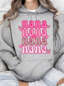 Nana Nana Nana Leopard Print Pink Hearts Hoodie Women Gray Sweatshirt Grandmother Gift Mother Day Birthday Present Family Matching Outfit - 灰色 - 查看 1