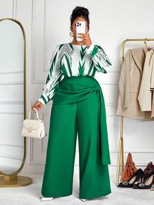 BIUBIU 大码女式绿色两件套，圆领常规袖抽象印花上衣搭配阔腿裤，优雅时尚 - 綠色 - 查看 3