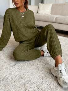 New Women's Long-Sleeved Solid Color Sweatshirt And Trousers Set With Textured Fabric, Fashionable, Casual And Versatile. - 軍綠色 - 查看 3