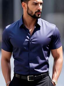 Stylish Men's Short-Sleeved Shirt With Lapel And Buttons For Summer. - Azul Marino - Ver 4