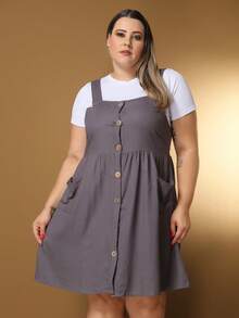 Plus Size Linen Short Dress With Button And Pocket, New Model. - Gris Oscuro - Ver 2