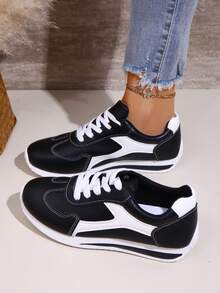 女士小号撞色厚底运动鞋，复古休闲系带运动鞋，2025年秋季新款 - 黑色 - 查看 1