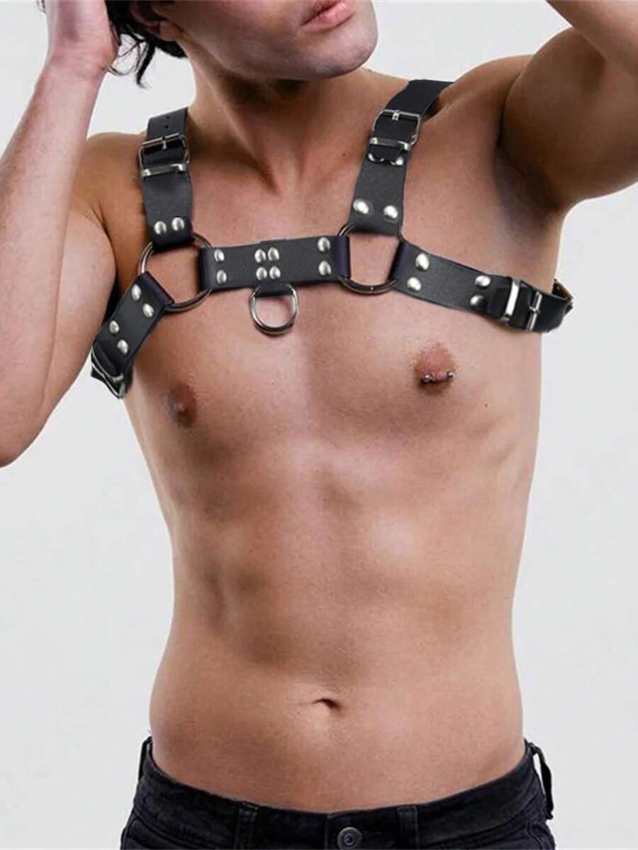 男士真皮胸带 性感男士真皮束缚带 服装配饰 斗牛犬男士束缚带 - 黑色 - 查看 1