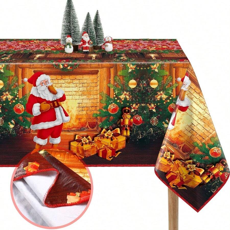 TFKI Christmas Tablecloth Christmas Vinyl Flannel Backed Tablecloth Rectangle Washable Santa Claus Fireplace Table Cover For Xmas Winter Holiday Party Supplies 54 X 84 Inch - Multicolor - View 1