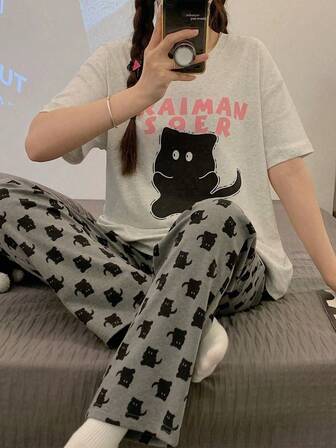 2 piezas Conjunto de pijama de mujer de manga corta, ropa de estar por casa suave y cómoda