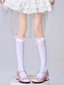 1 par de calcetines versátiles de becerro con volantes de encaje dulce y estilo preppy para mujer