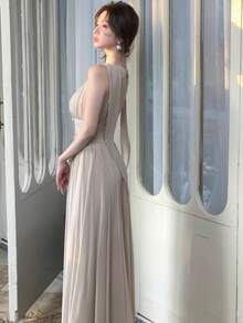 优雅纯色网纱吊带连衣裙，法式无袖A字鸡尾酒裙，适合夏季度假、情人节派对、特殊场合 - 淺粉色 - 查看 8