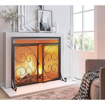 Fireplace Screen With Hinged Doors Magnetic 2 Panels Sturdy Steel Frame Durable Metal Mesh Decorative Free Standin...
