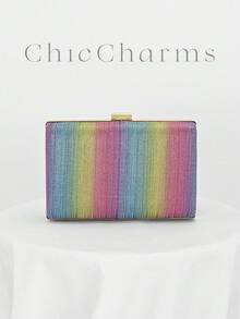 Geantă de seară în formă de cutie pentru femei, cu dungi curcubeu, design simplu și sclipici, pentru nuntă romantică, poșetă pentru ocazii formale, geantă de mireasă, geantă pentru rochie de gală formală cu lanț - Multicolor - Vizualizare 1