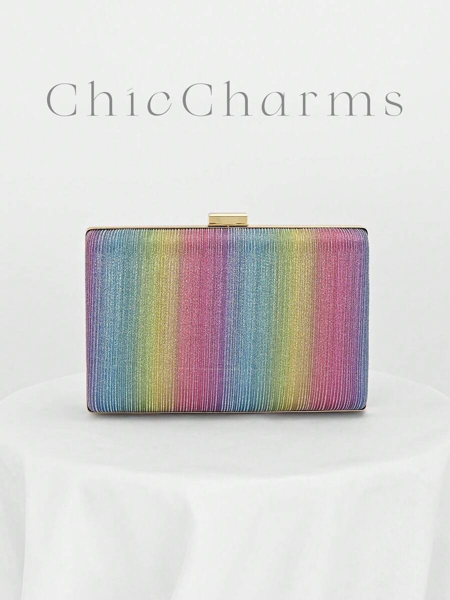 Geantă de seară în formă de cutie pentru femei, cu dungi curcubeu, design simplu și sclipici, pentru nuntă romantică, poșetă pentru ocazii formale, geantă de mireasă, geantă pentru rochie de gală formală cu lanț - Multicolor - Vizualizare 1