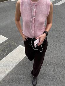 VIBEWAVE 针织无袖开衫，圆领单排扣，2025 秋季新品 - 粉色 - 查看 1