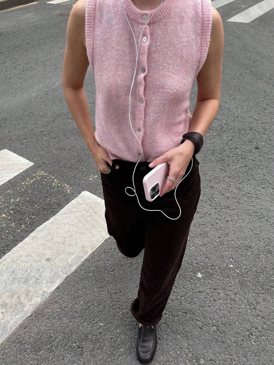 VIBEWAVE 针织无袖开衫，圆领单排扣，2025 秋季新品 - 粉色 - 查看 1