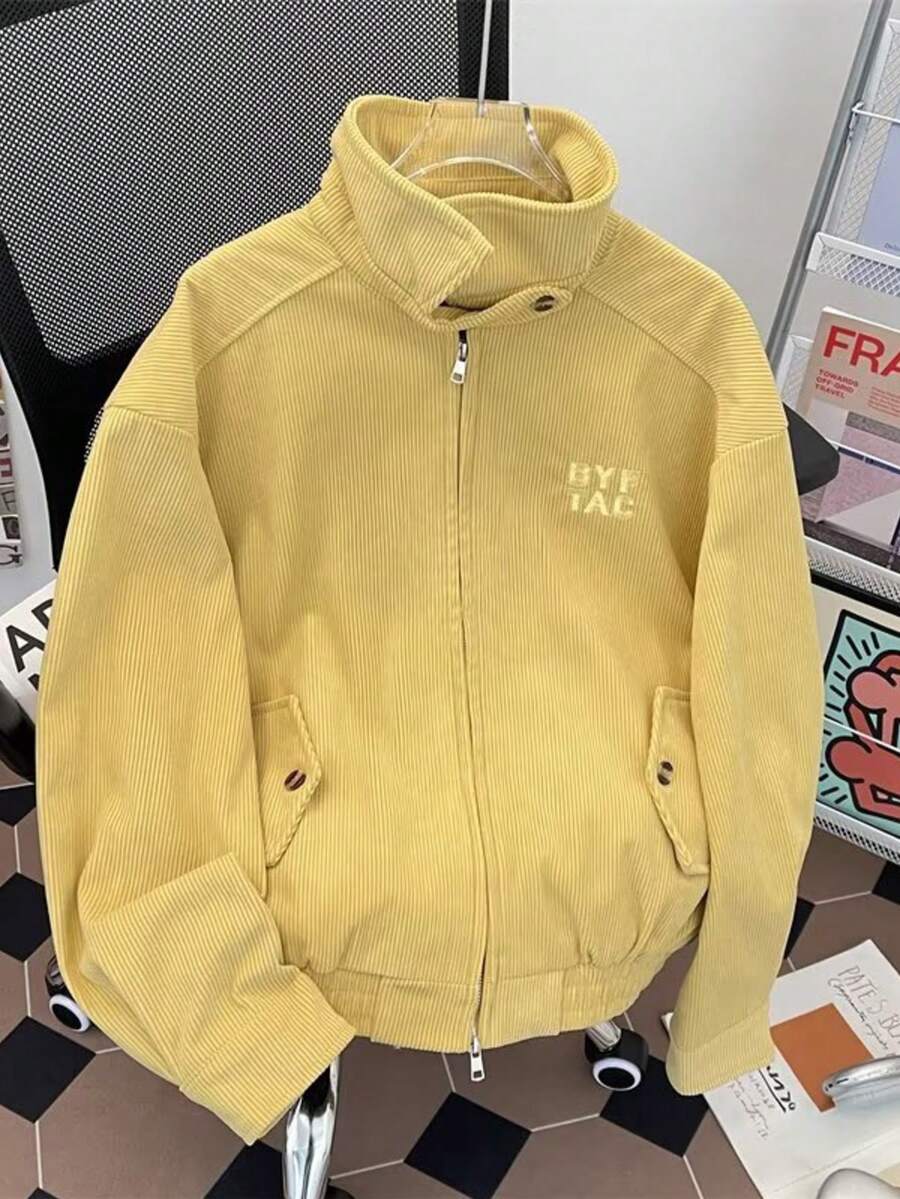 Yellow Corduroy Letter Embroidered Jacket Men's And Women's American Retro Autumn And Winter Versatile Workwear Lapel Jacket - Màu vàng - Xem 1