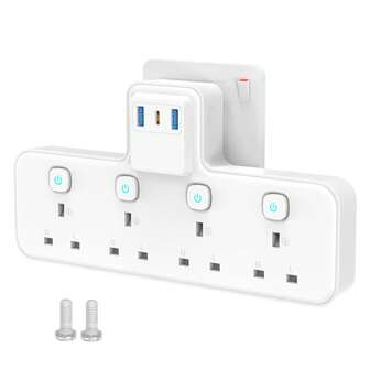 PASSUS Ideal For Home, Kitchen, Office And Travel Use, This Multifunctional Power Socket Combines 7 Features Including 4 UK Sockets With Individual Switches And A Mains Switch, 2 USB-A Ports, 1 USB-C Port, Flexible Cable Outlet And A Wall Mounted Design. Available In Black And White.